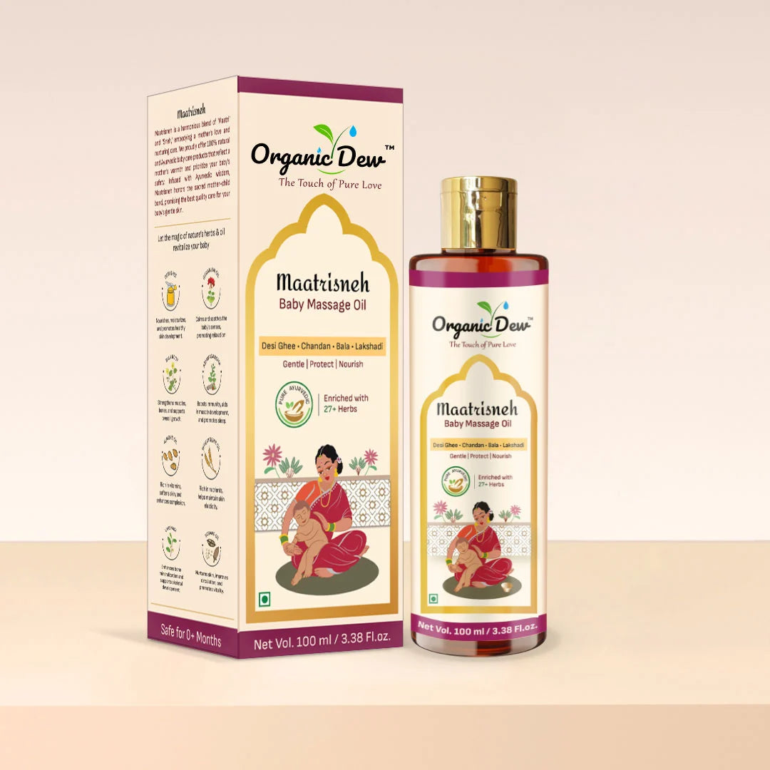 Organic Dew Maatrisneh Baby Massage Oil – Ayurvedic and Organic Massage Oil for Kids, Enriched with 27+ Herbs for Gentle Care